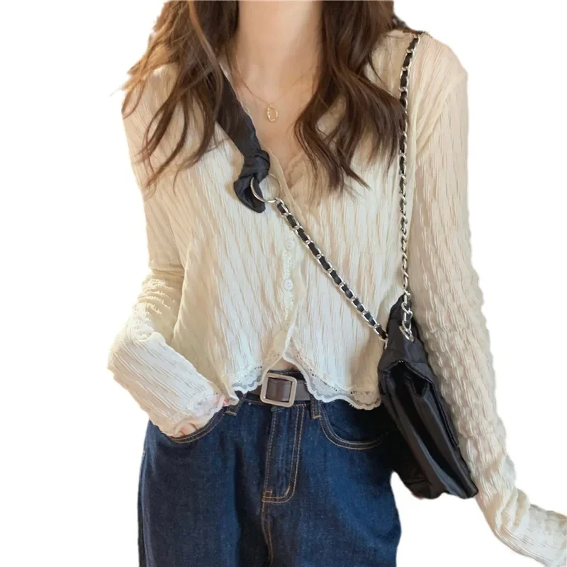 Женская осенняя новая стильная рубашка с длинным рукавом и v-образным вырезом