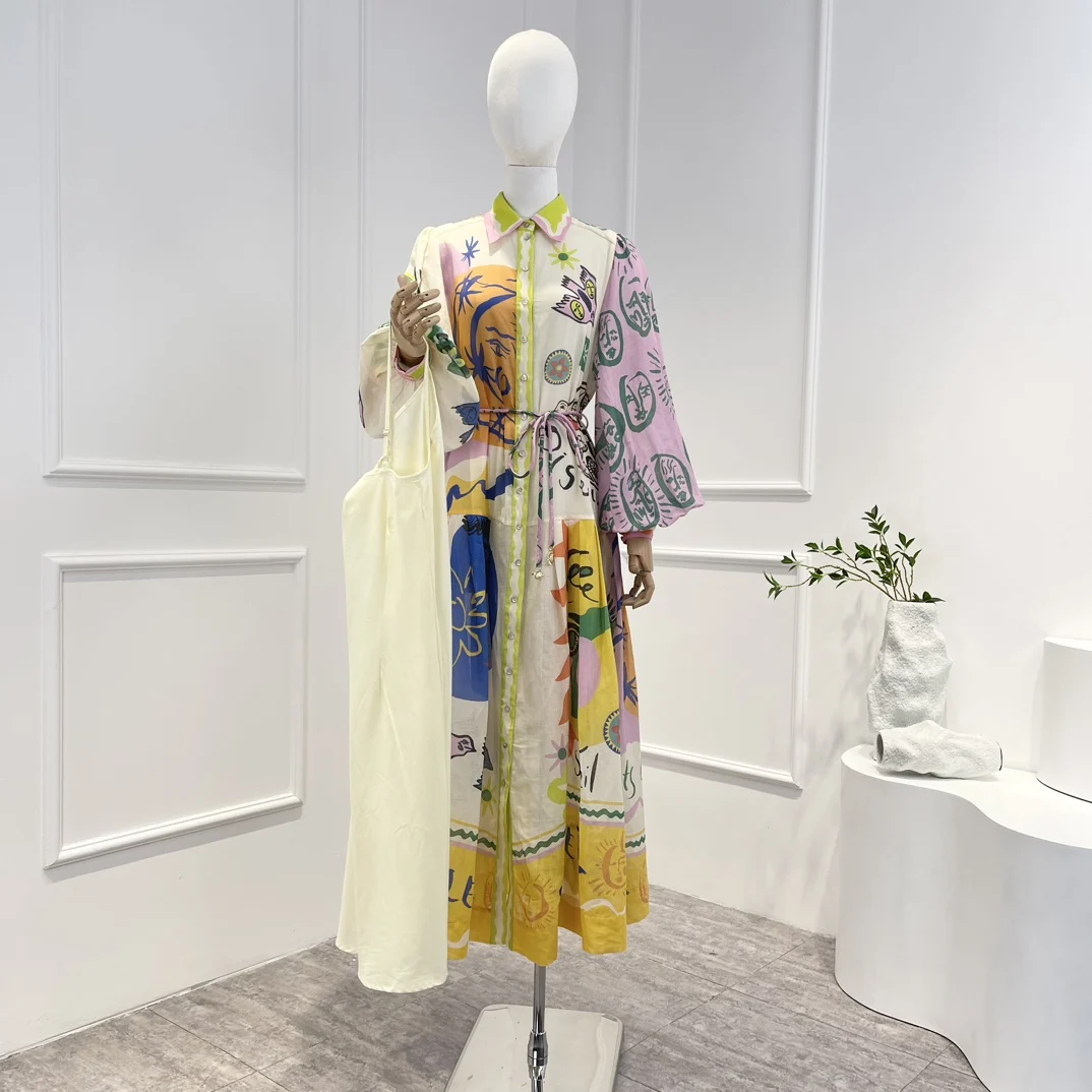 

New Top Quality 2023 Spring Latest Collection Pure Ramie Ease Multi Color Printing Full Sleeves Loose Long Dress for Women