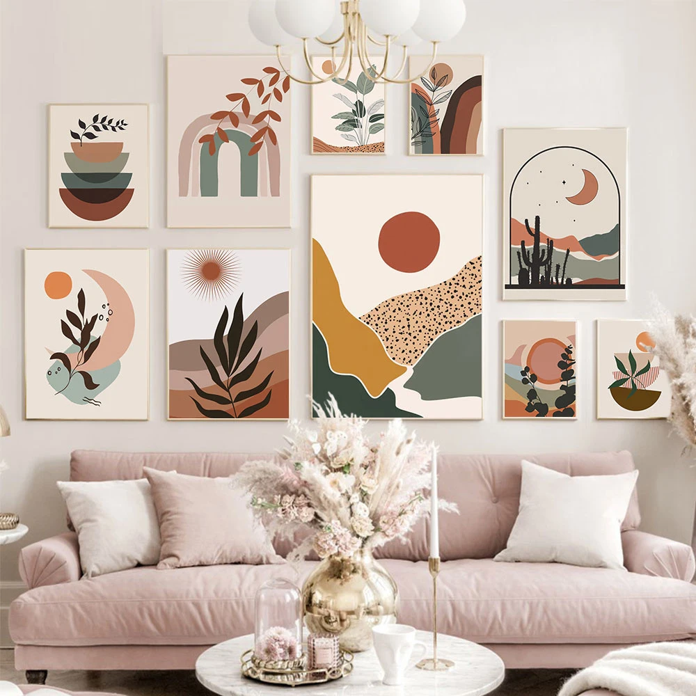 Sun Moon кактус листья абстрактный пейзаж Картина на холсте скандинавские постеры и