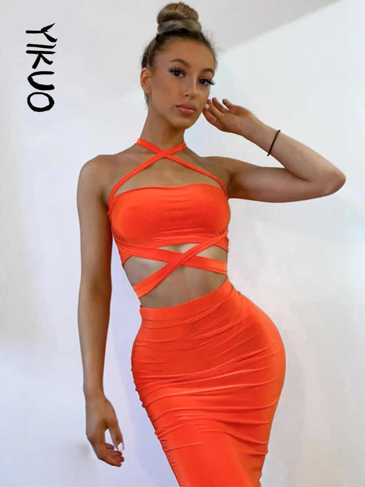 

YIKUO Solid Halter Bandage Cute Crop Top Pleated Midi Dress 2 Pcs Set 2022 Summer Sexy Bodycon Club Holiday Wear Y2K