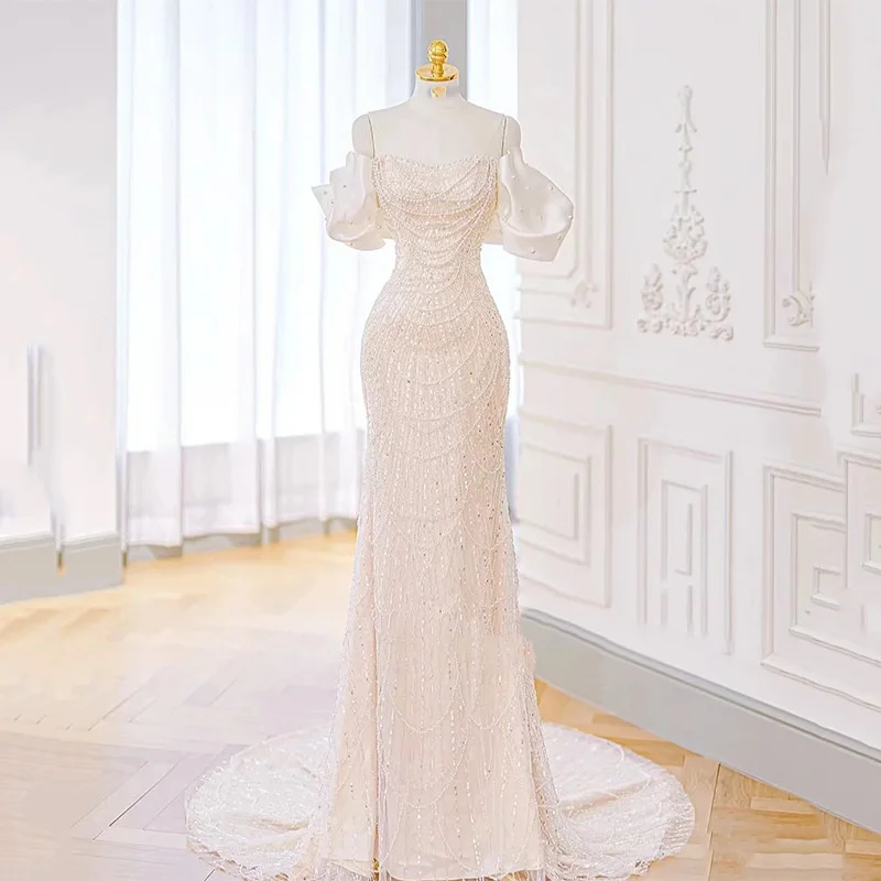 

Off White Mermaid Dress Hepburn Style Nail Pearl Dresses Formal Evening Party 2023 Fashion Wedding Crystal Even Dress Elegant