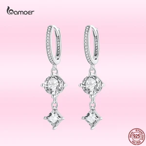 Bamoer 100% Real 925 Sterling Silver Sparkling Cuble Zirconia Pendent Hoop Earrings for Women S925 Luxury Wedding Jewelry Gifts