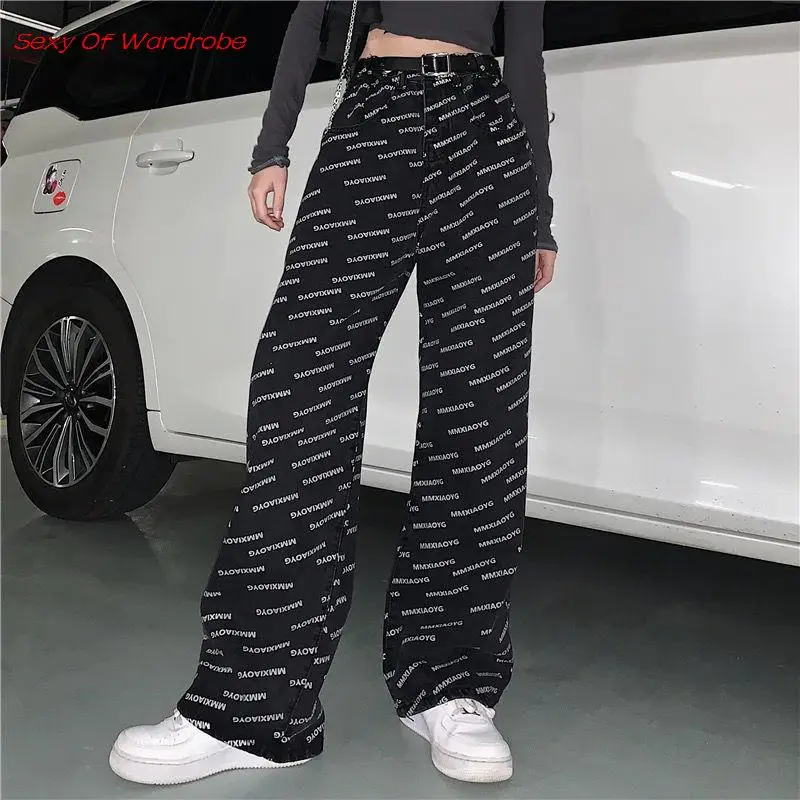 

America Fashion High Street Letter Printied Jeans Sexy High Waist Wide Leg Pants Loose Casual Straight Leg Pants Mopping Pants