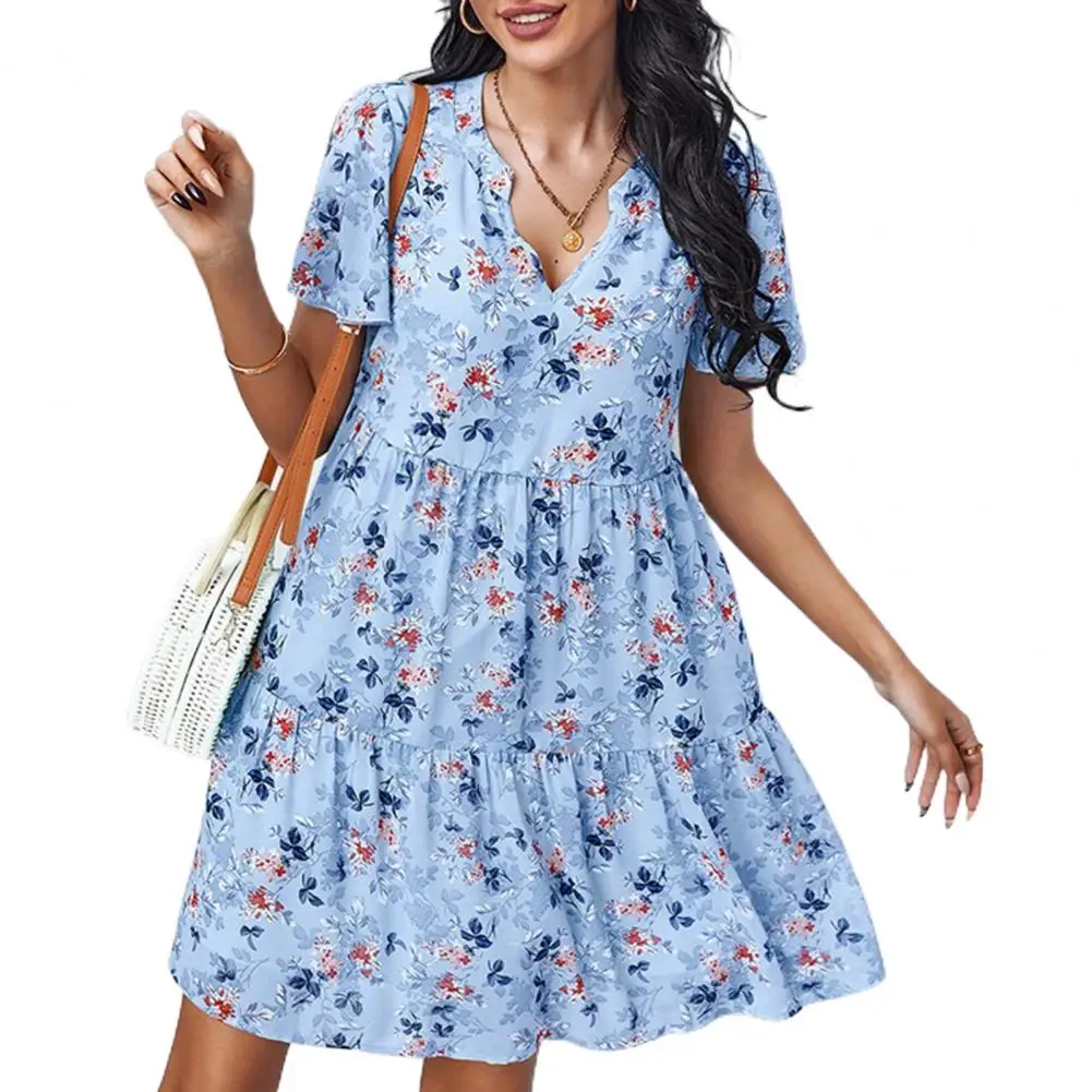 

Short Sleeve Mini Dress Women A-Line Floral Print Ruffle Stitching Hem Dress V-neck Summer Dress
