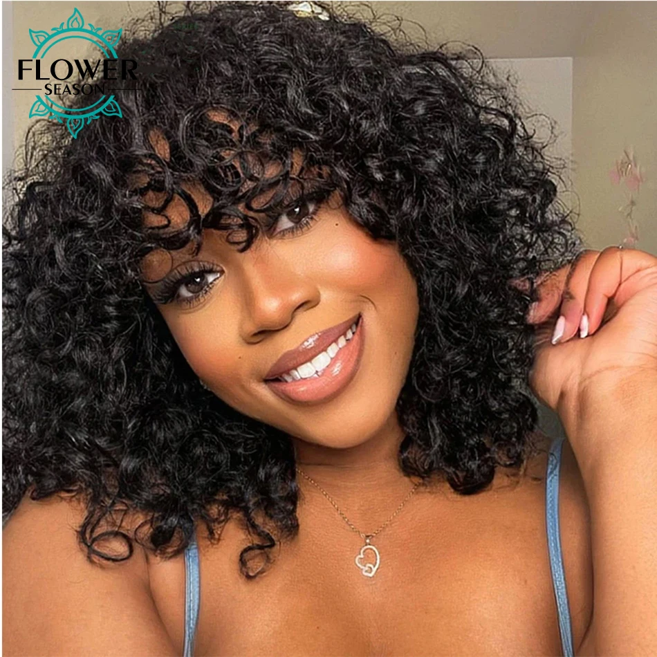 

Loose Curly Human Hair Wig with bangs 180Density Scalp Top Full Machine Made Wigs for Black Women Brazilian Human Hair Bangs Wig