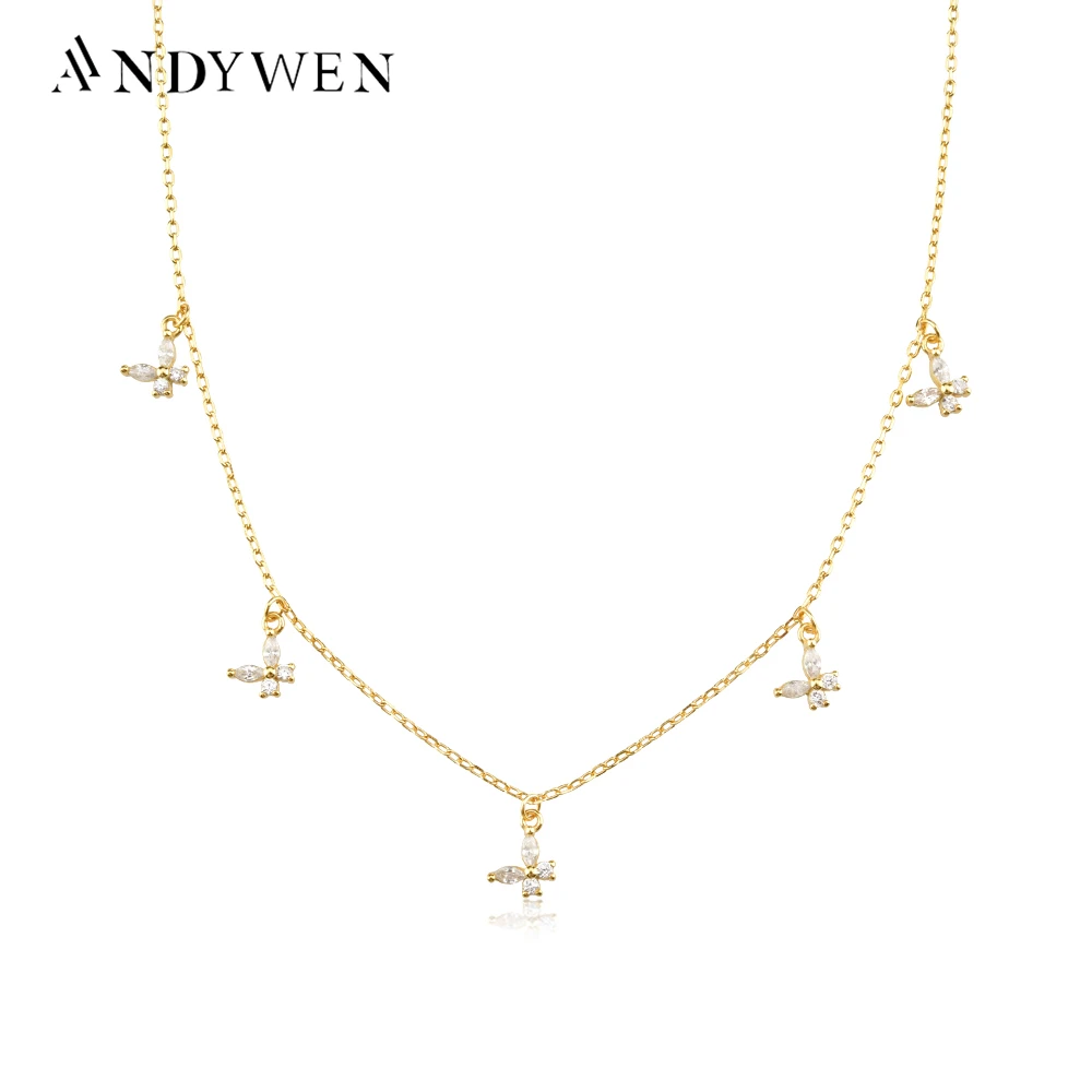 

Женское Ожерелье-чокер ANDYWEN, длинная цепочка из стерлингового серебра 925 пробы с золотистыми бабочками и фианитами, украшения для свадебной ...