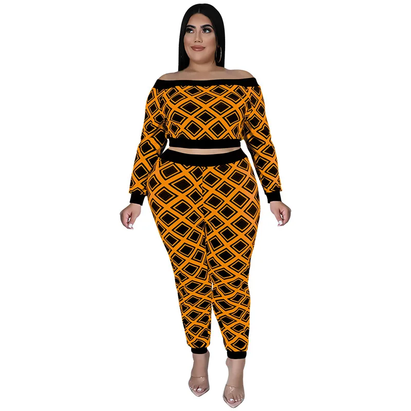 Plus Size Women's Fashion Casual Sports Suit 2022 New Straight Shoulder Plaid Sexy Two Piece Set  Wholesale Dropshipping