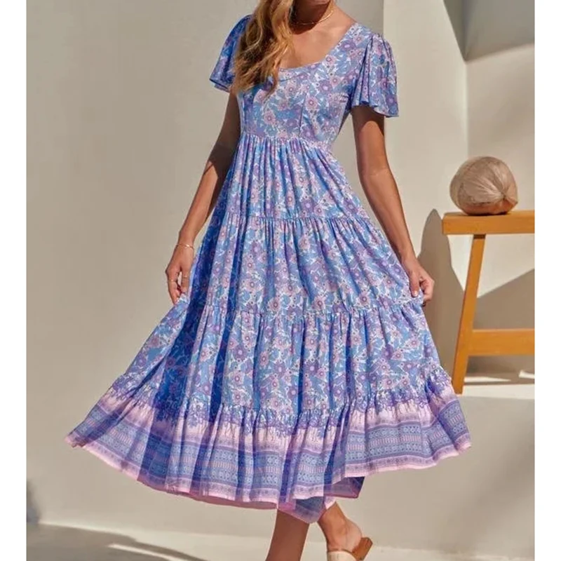 

Женское богемное длинное платье с цветочным принтом, с оборками