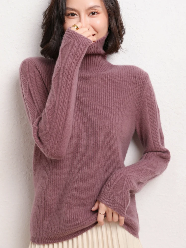 Autumn And Winter New Style Female Solid Color High Collar Sleeve Twisted Flower With Wool Jumper Knit Top