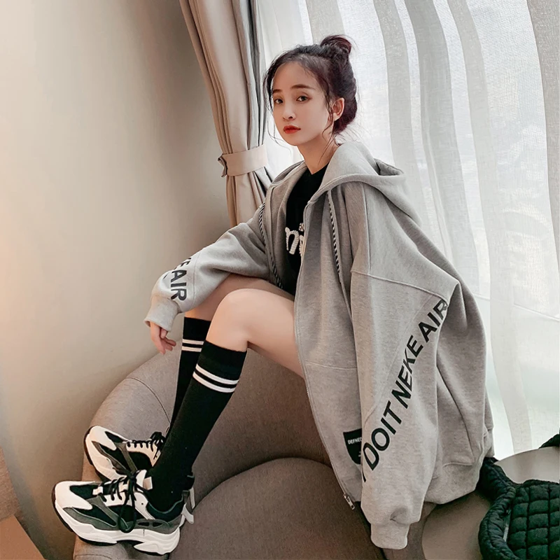 

Korean Fashion Zip Up Hoodie Spring Autumn Letter Print Loose Hooded Sweatshirts Long Sleeve Streetwear y2k Clothes for Women