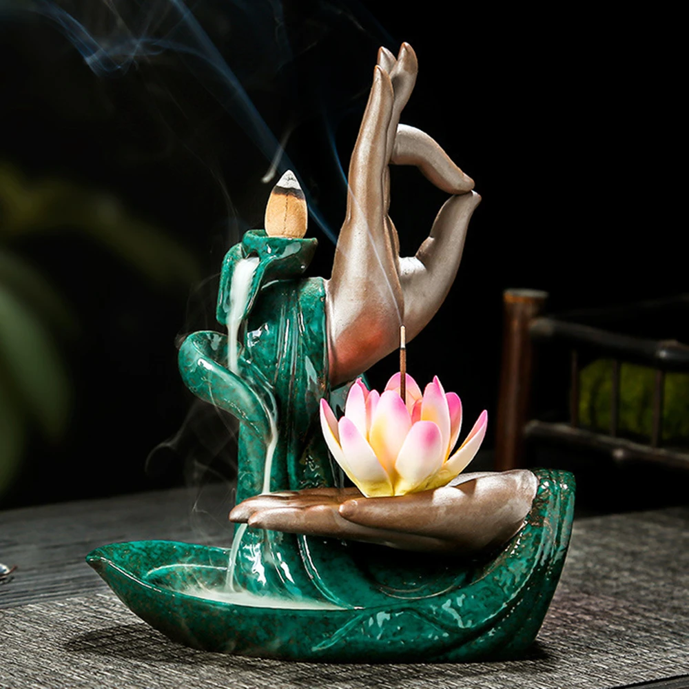 

Art Ceramic Incense Burner Buddha Hand Incense Waterfall Backflow Holder Elegant Lotus Buddhism Home Decor Zen Crafts Censer