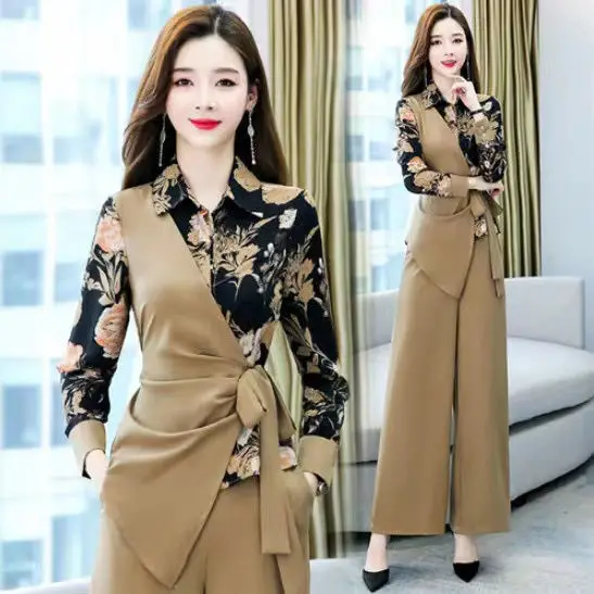 

Elegant 2 Piece Set Women Outfit Fashion Irregular Spliced Print Blouse Elastic Waist Wide Leg Pant Suit Conjunto Femenino E189