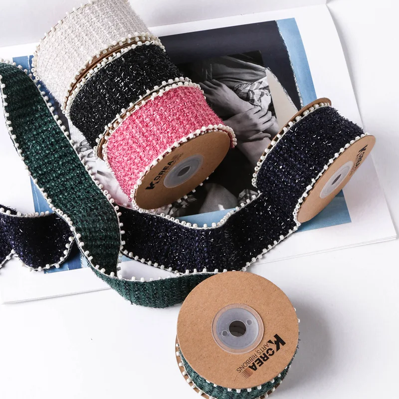 25 Yards Tweed Cotton Knitted Glitter Ribbon with Beads for DIY Bowknots Kids Hair Accessories Material Collar Handmade Crafts