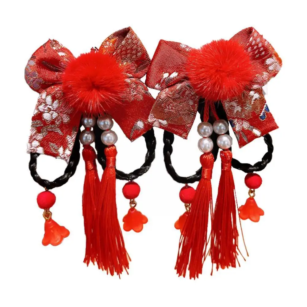 

Chinese Hairpin Braid New Year Style Butterfly Bow Girl's Ball Tassel Children Braids With Headdress Wig Headband U2V6