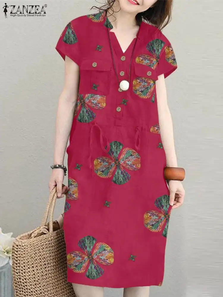 

Платье ZANZEA женское в богемном стиле, праздничный Повседневный Сарафан до колен, винтажный сарафан с коротким рукавом и цветочным принтом, на лето