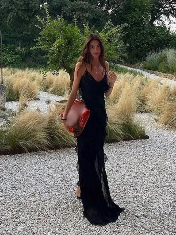 Женское длинное шифоновое платье на бретельках черное из натурального шелка с