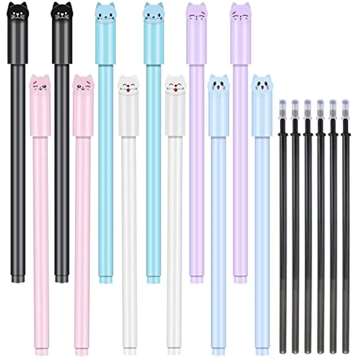 24 Pcs Cat Cute Pens Replacement Refills Girl Kawaii Cartoon Black Ball Point Pens School Office Supplies Students Gifts