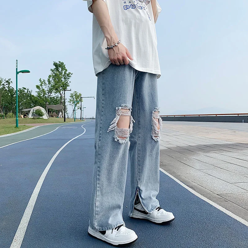 Summer Blue/Black Baggy Jeans Men Fashion Casual Ripped Straight Jeans Mens Streetwear Hip Hop Loose Ripped Denim Trousers Men