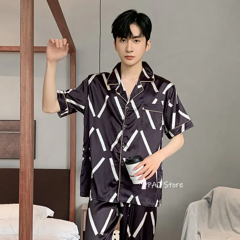 Men Sleepwear Silk Satin Pijama Set Pajama Sets Short Sleeve Sleep Home Clothes Man 2 Pieces Sets Home Suits Pyjamas L-5XL