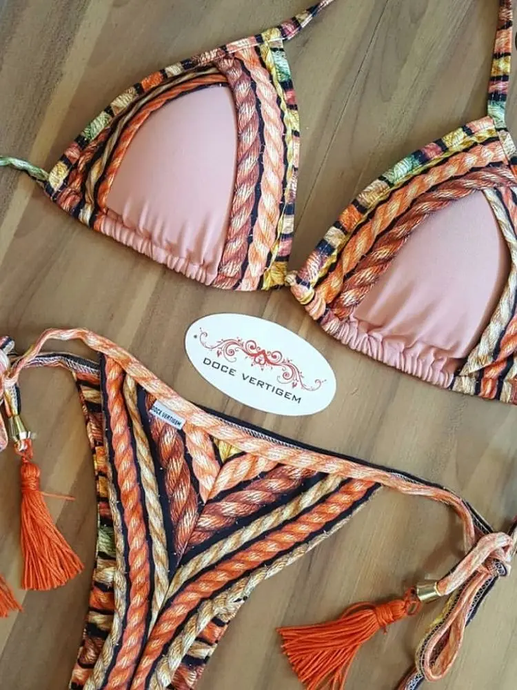 

Sexy Floral Print Micro Bikini 2020 Swimwear Women Lace Up Bandage Orange Push Up Thong Swimwear Brazilian Bather Bathing Suit