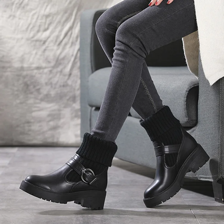 Shoes for Women Winter Fashion Knitting Velvet Ankle Boots Women Korean Lace-up Platform Botas Warm Square Button Botas De Mujer