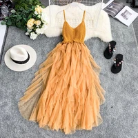 summer backless spaghetti straps knited dress for women fashion patchwork irregular mesh vestidos elegant female clonthing
