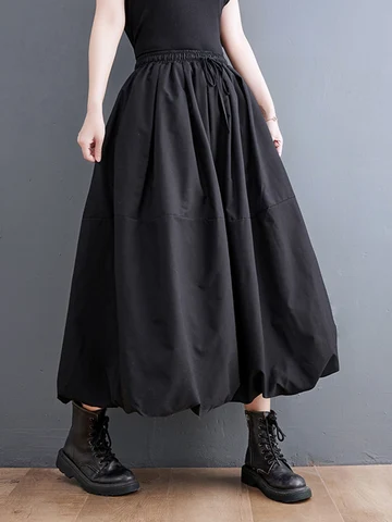 Black Vintage High Waist Pleated Skirt Women Plus Size Fashion Drawstring Loose Casual Long Skirts Clothing Spring Autumn 2022