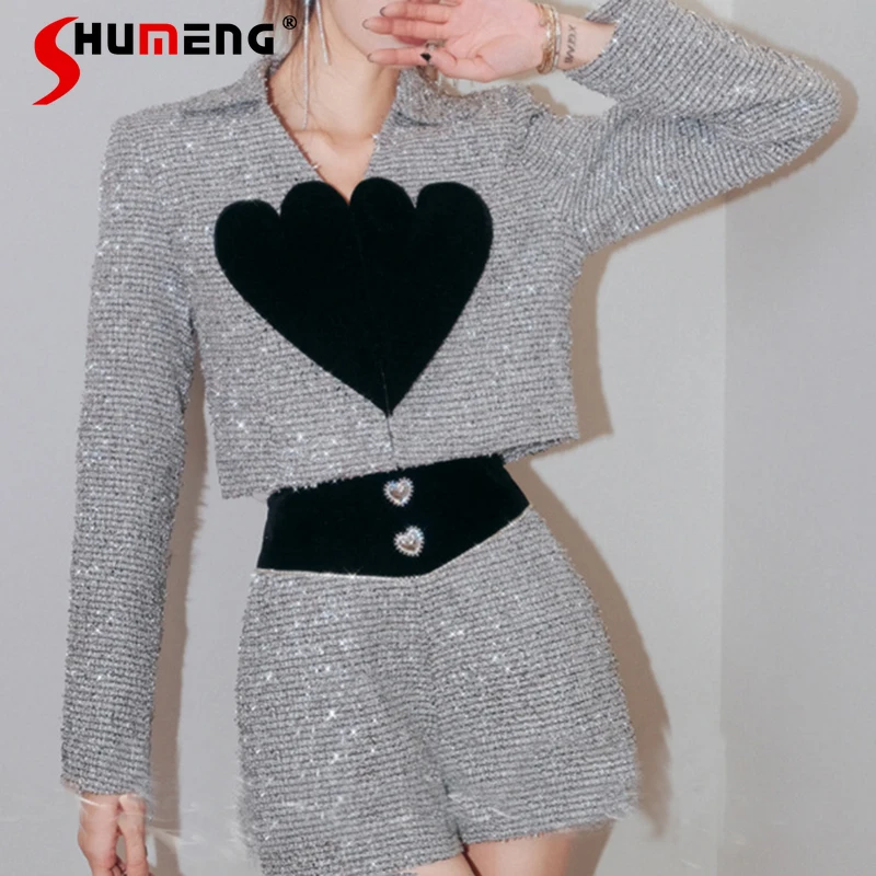 

2 Piece Sets Women's Outfits Spring 2022 New Temperament Silver Love Shiny Short Coat High Waist Heart Buckle Casual Shorts Suit