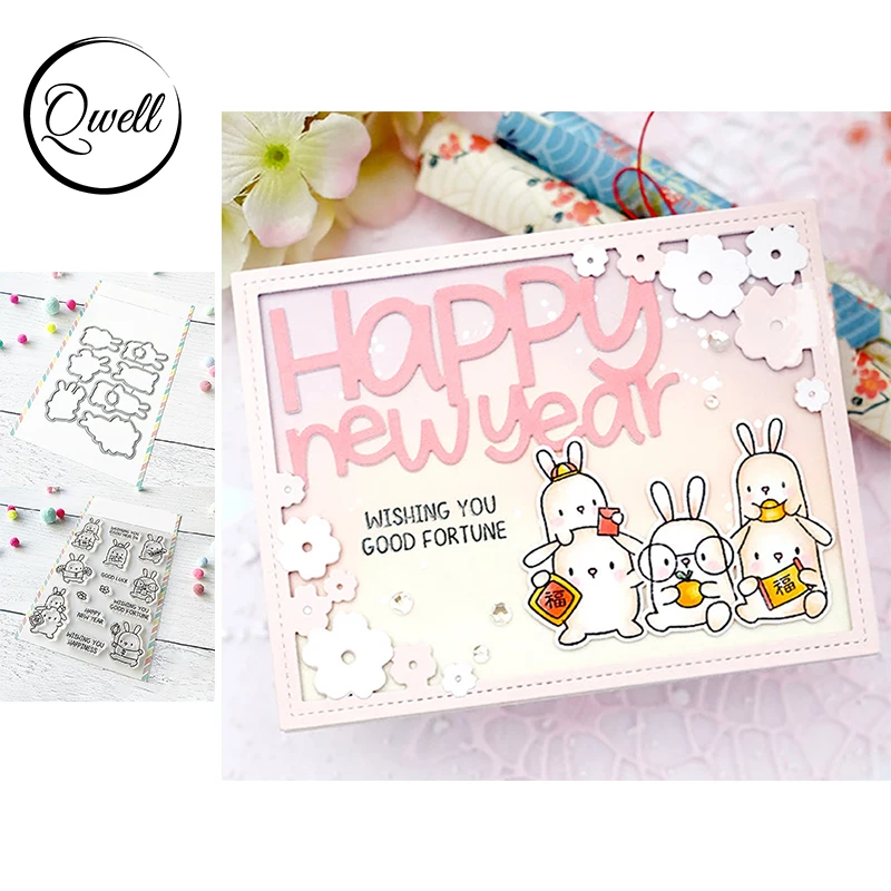 

QWELL Lunar Bunnies Metal Cutting Dies Good Luck New Year Wishes Clear Stamps for DIY Scrapbooking Paper Cards Craft 2023