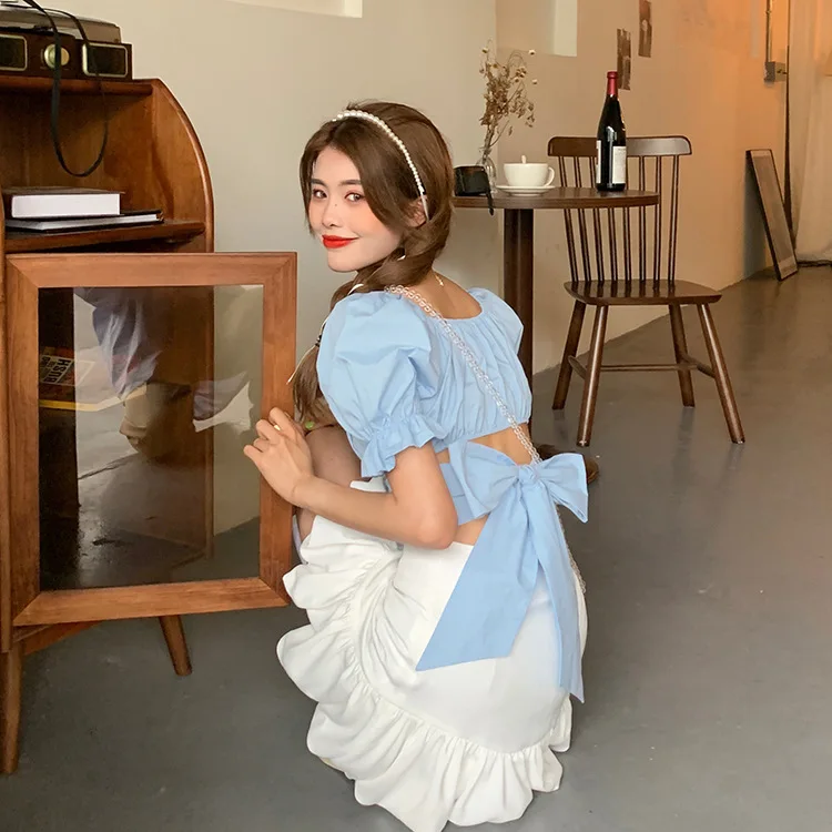 

Women Sexy T-shirt With Puff Sleeve Summer Young Ladies Solid Color Crop Tops Slim Club Streetwear Female Cropped Shirts