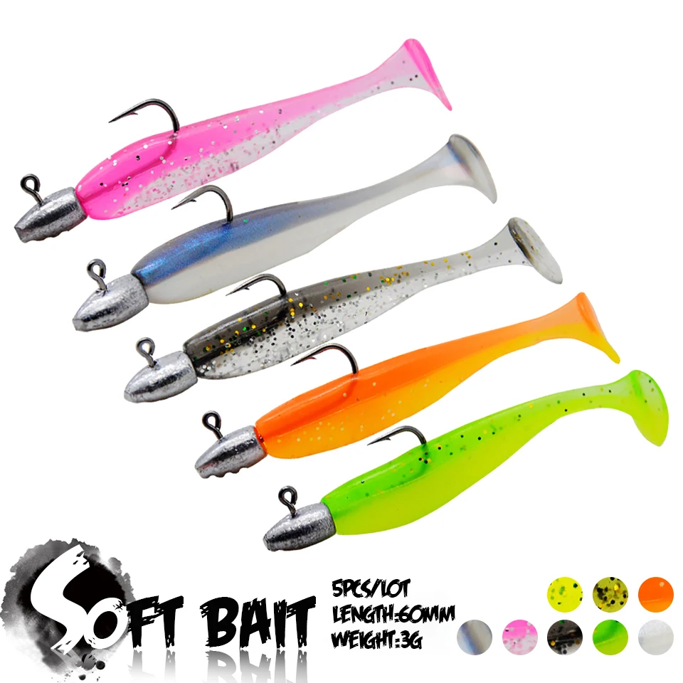 

5Pcs/Lot T-tail Soft Bait Wobblers Lure With Jig Head Hooks Fake Bait For Bass Pike Trout Fishing Outdoor Fishing Tackles