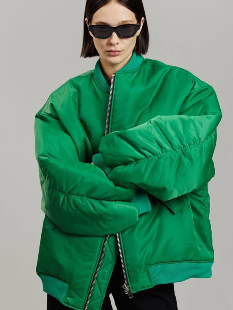 Fashion Zipper Loose Green Bomber Varsity Jackets Women 2022 Autumn Winter Casual Warm Baseball Parkas Overcoats Streetwear