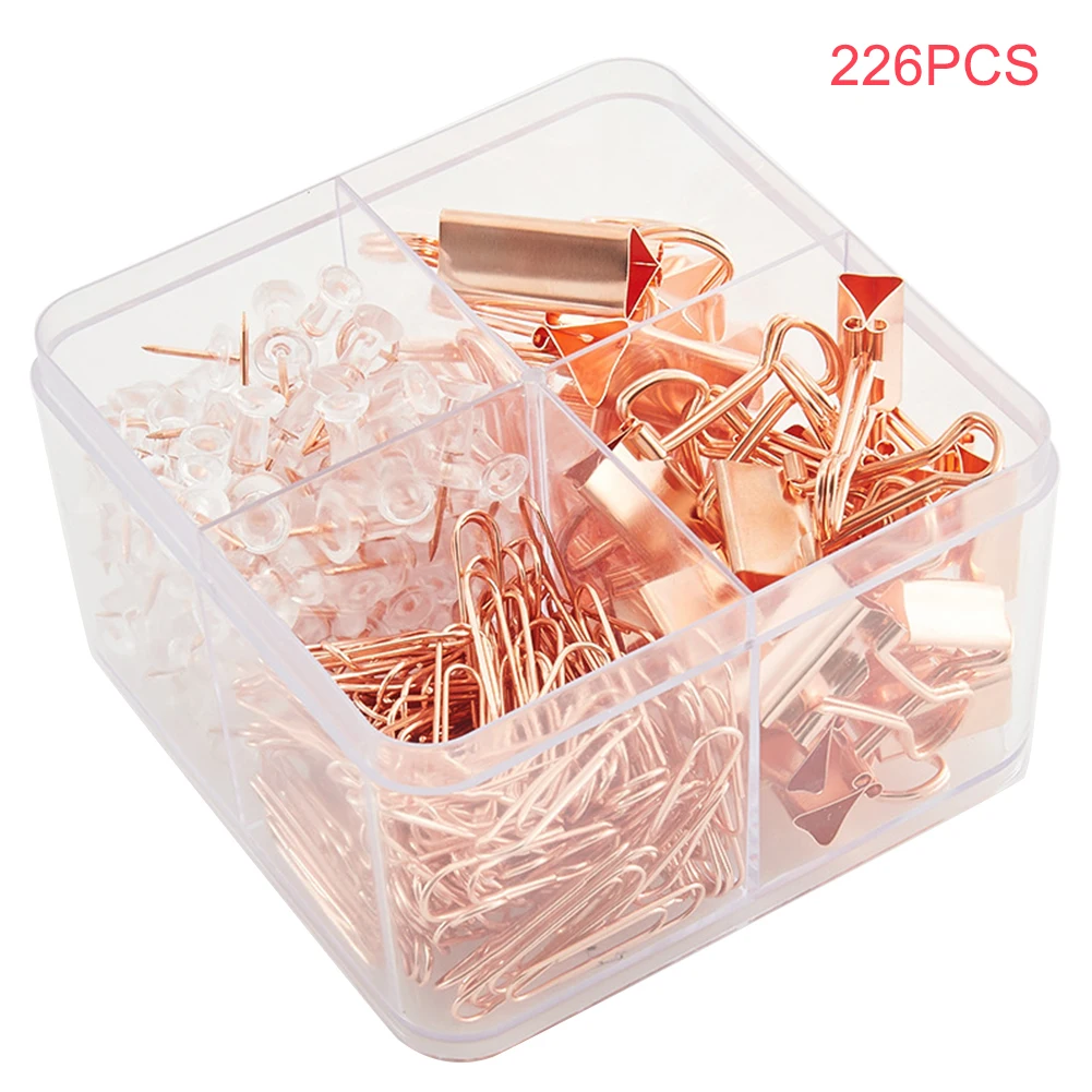 

226pcs Stationery Home Push Pins Office Supplies Desktop Organizer Metal Rose Gold Paper Clips Set With Storage Box Binding