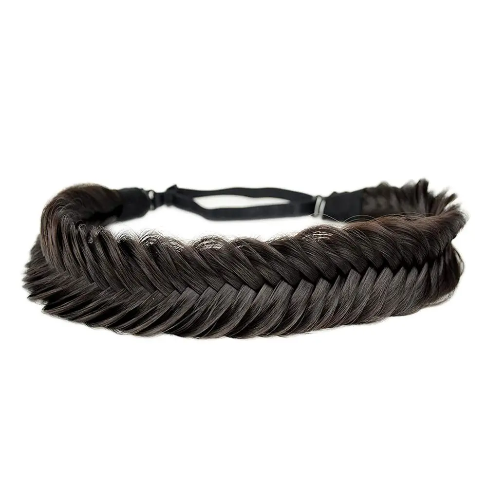 

Wide Fishtail 2 Strands Synthetic Hair Braided Headband Classic Chunky Plaited Braids Elastic Stretch Hairpiece (#Deep Brown)