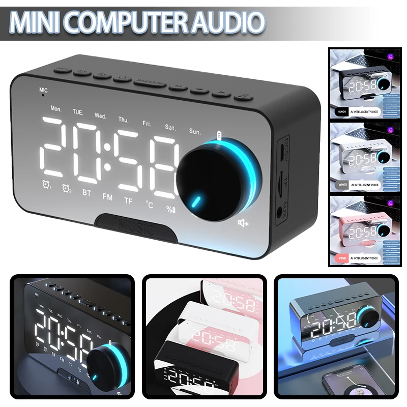 Digital Alarm Clock FM Radio Wireless Speaker Mirror Display TF Card Aux Music Black/Pink/White Support BT Wireless Playback