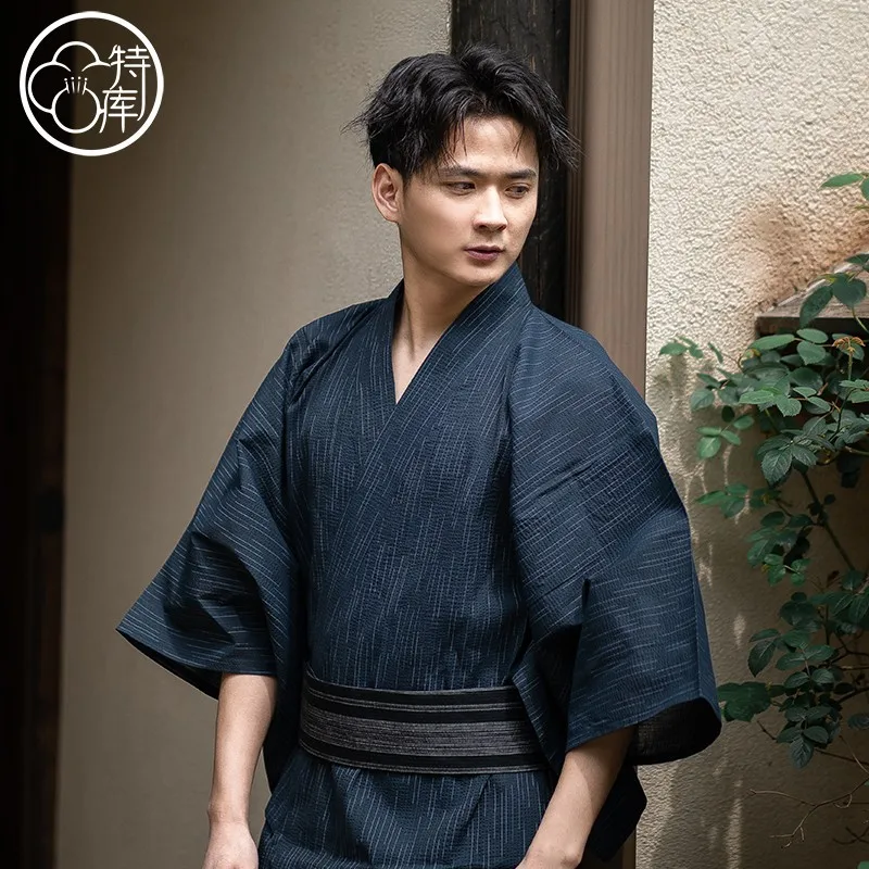 Summer Men's Traditional Yukata Japanese Samurai Pajamas Breathable Kimono Robe Woven Cotton