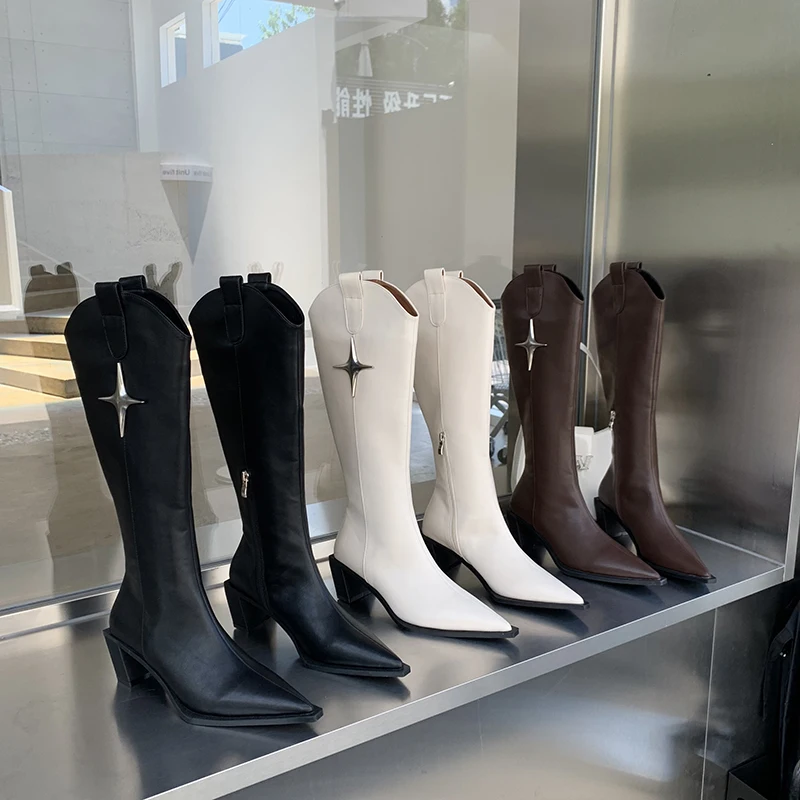 

Winter Women Knee High Boots Pointed Toe Black Brown Beige Thick High Heels Side Zipper 2022 New Arrivals Stretch Shoes Woman