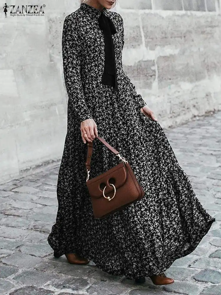 

French Elegant Women Long Maxi Dress Bohemian Print Ruffle Robe Longue Holiday Vestido ZANZEA 2022 Autumn Fashion Party Sundress
