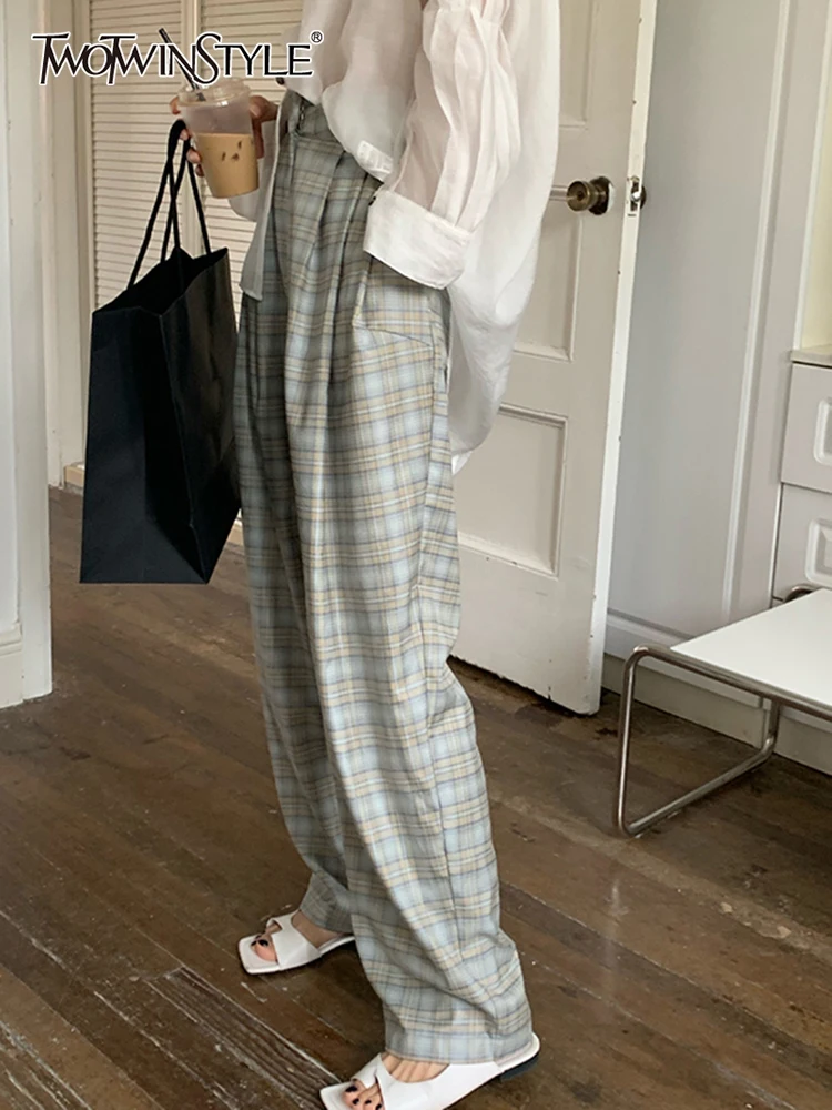 

TWOTWINSTYLE Vintage Plaid Harem Pants For Women High Waist Patchwork Pockets Loose Long Trousers Female 2022 Spring Clothes New