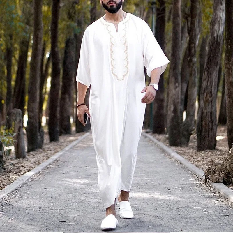 2022 Muslim Robe New Arab Loose Casual V-neck Medium Sleeve Print Muslim Men Clothing Jubba Thobe Abaya Homme Musulman