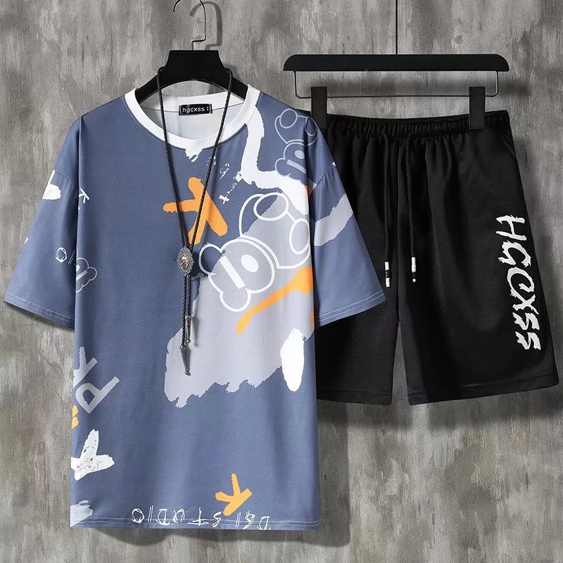 Men Short Sets 2023 Summer Harajuku T-shirt and Shorts Two Piece Set Fashion Casual Outfit Set Short Sleeve Male Tracksuit 5XL