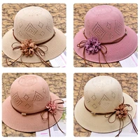 women summer bucket hat anti uv sun hat breathable beach sun straw hat hollow out lace up bandage cap