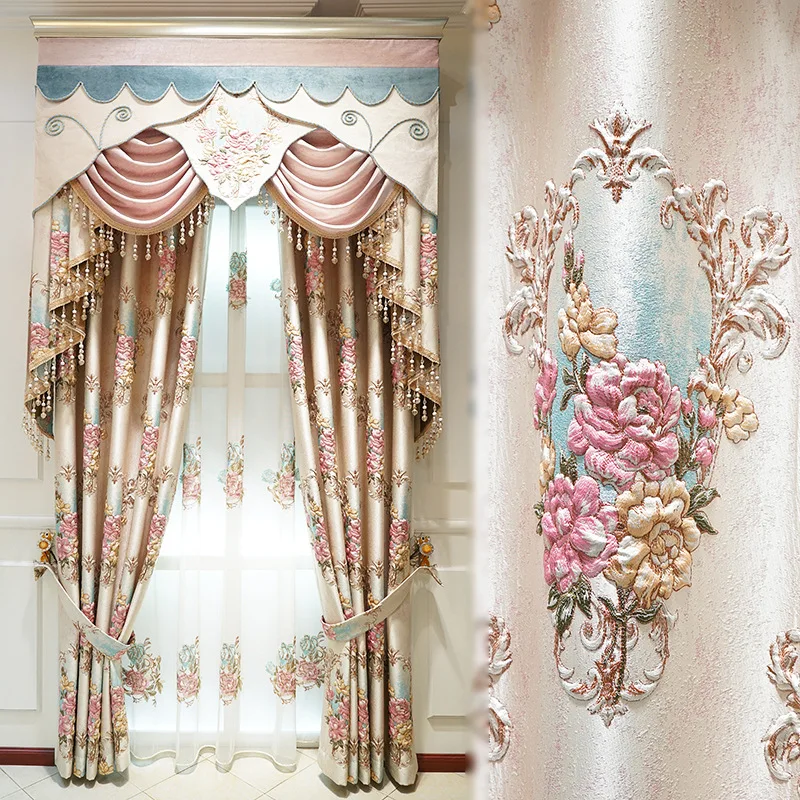 Elegant Luxury Embossed Floral Curtains for Living Room Bedroom European Baroque Swag Valance Sliding Glass Door Drapes