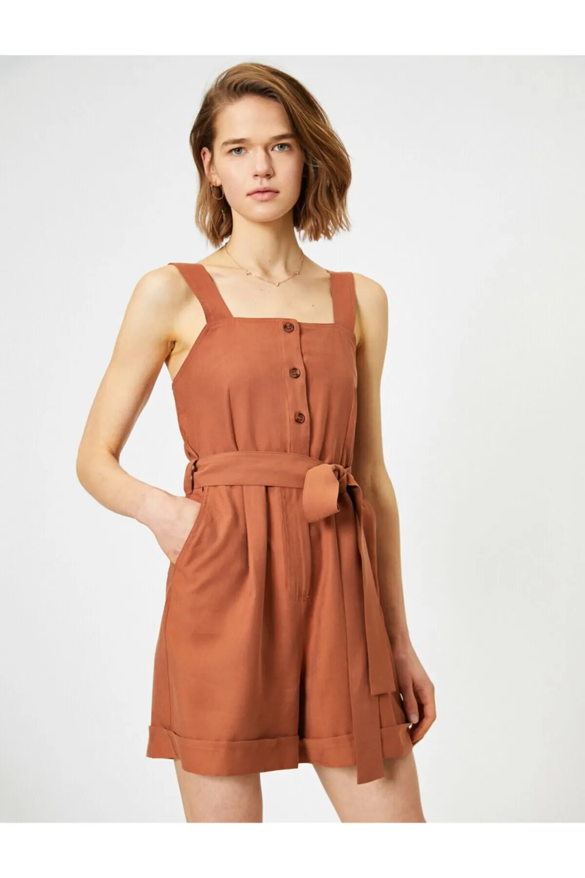 

Women's Overalls Coffee Waist Tie Jumpsuit Hot Style Quality Fabric Sleeveless Baggy Trousers Casual Jumpsuit