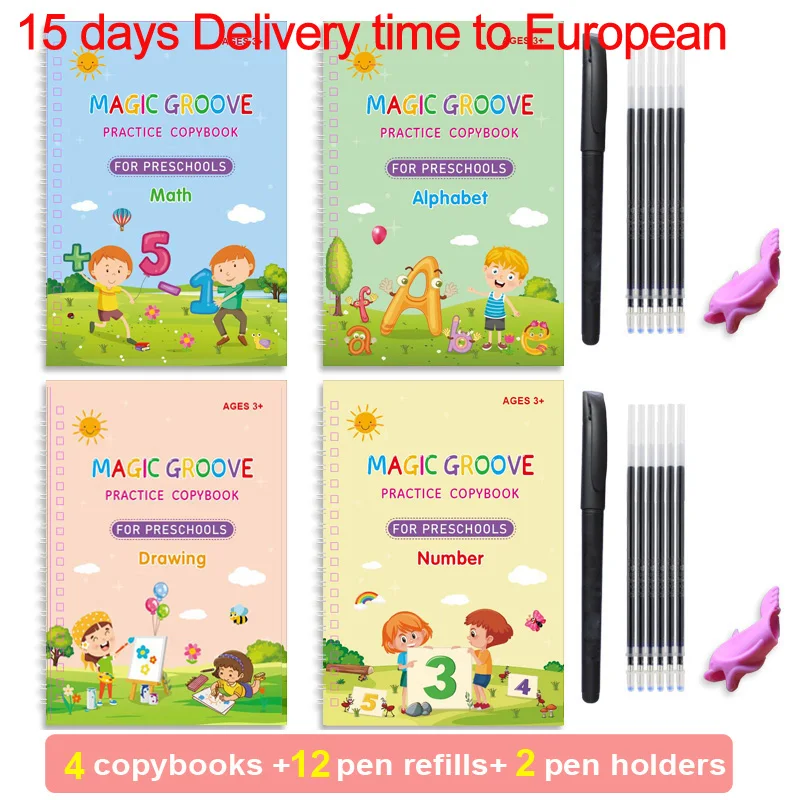 

4 Books+ Pen Magic Practice Copybook English for Kids Reusable Magical Writing Book Free Wiping Kids Books for Handwriting