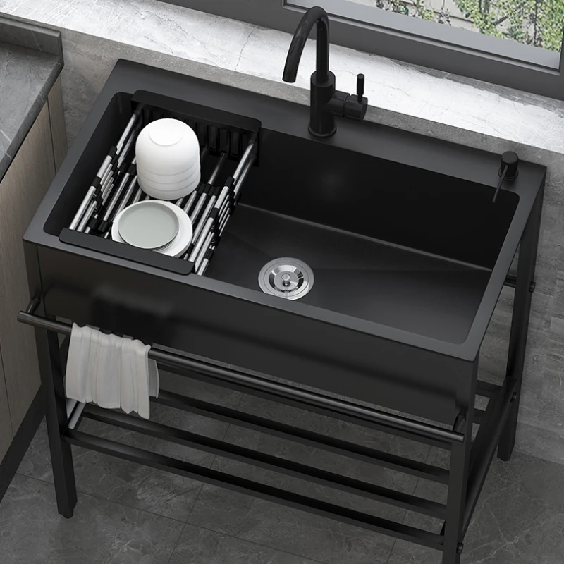 

Black Sink Single Sink With Stand Home Floor-mounted Wash Vegetables Basin Kitchen Double Sink 304 Stainless Steel Wash Dishes