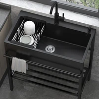 Black Sink Single Sink With Stand Home Floor-mounted Wash Vegetables Basin Kitchen Double Sink 304 Stainless Steel Wash Dishes