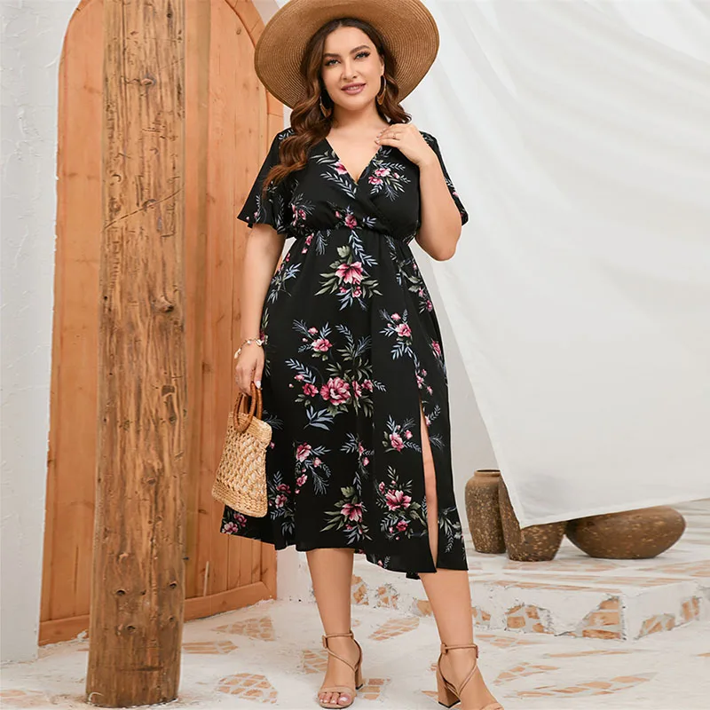Plus Size Dresses Womens Summer 2023 New Fashion Elastic Waist Midi Floral Party Dresses Elegant Short Sleeve V Neck Dresses 5XL