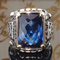 vintage punk male finger ring oval blue big zircon men and women carving pattern couple ring wedding party jewelry