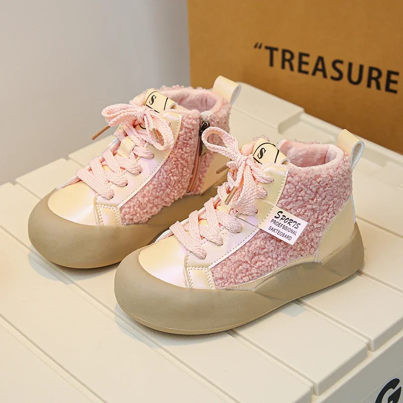 

Fashion Kids Versatile Soft Girls High-top Sneakers Round-toe Lace-up Warm Cotton Children Casual Shoes 2023 New Simple 26-36